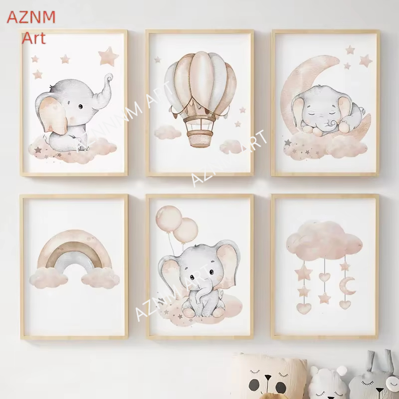 Baby Nursery Posters - Fil Balon Gökkuşağı Ay Yıldız Bulut
