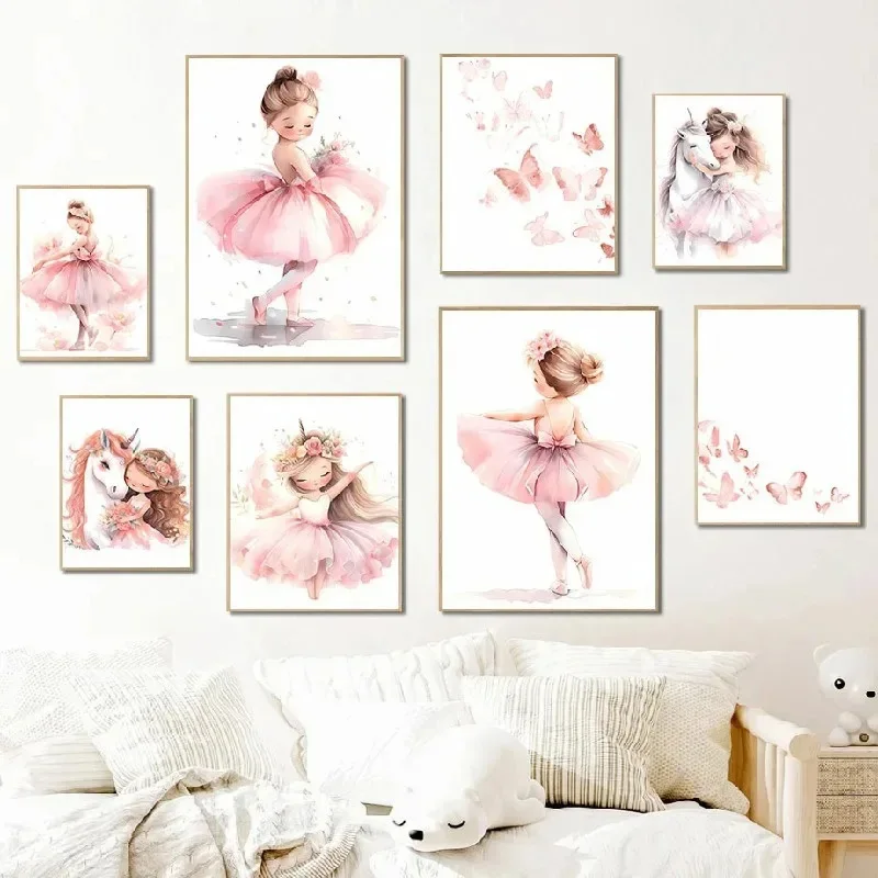 Baby Nursery Girl - Pembe Balerin Kız Unicorn Kelebek Posteri
