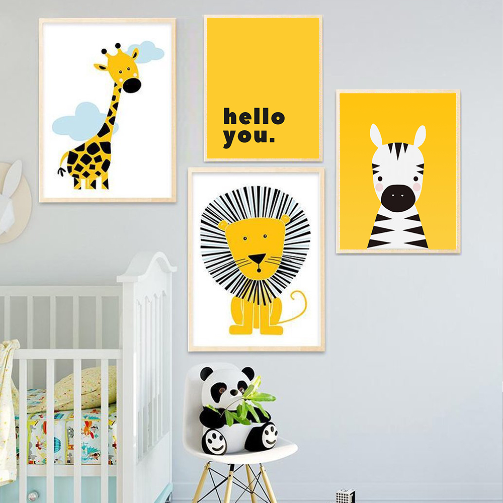 Baby Nursery Yellow Walls - Karikatür hayvan posterler sarı aslan zürafa