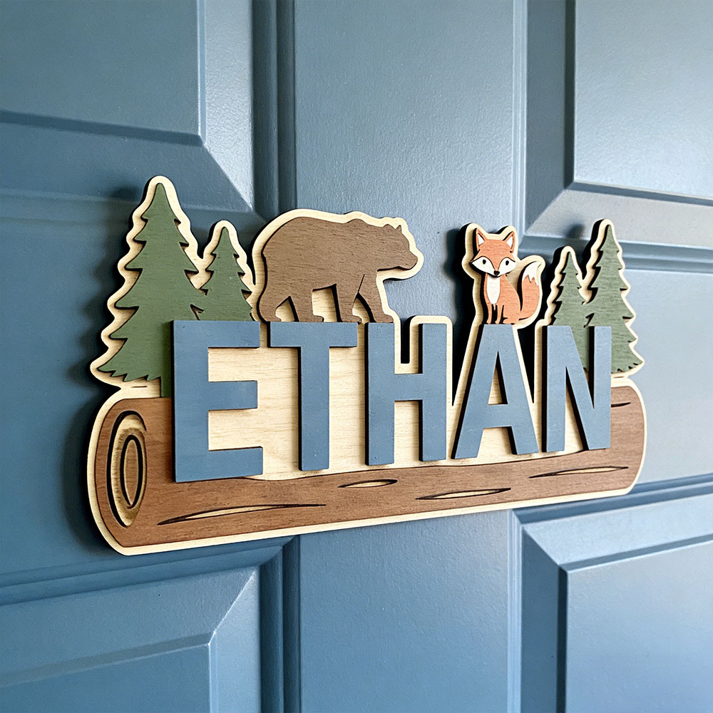 Baby Nursery Sign - Orman Hayvanı Kişiselleştirilmiş İsimli Ahşap Tabela