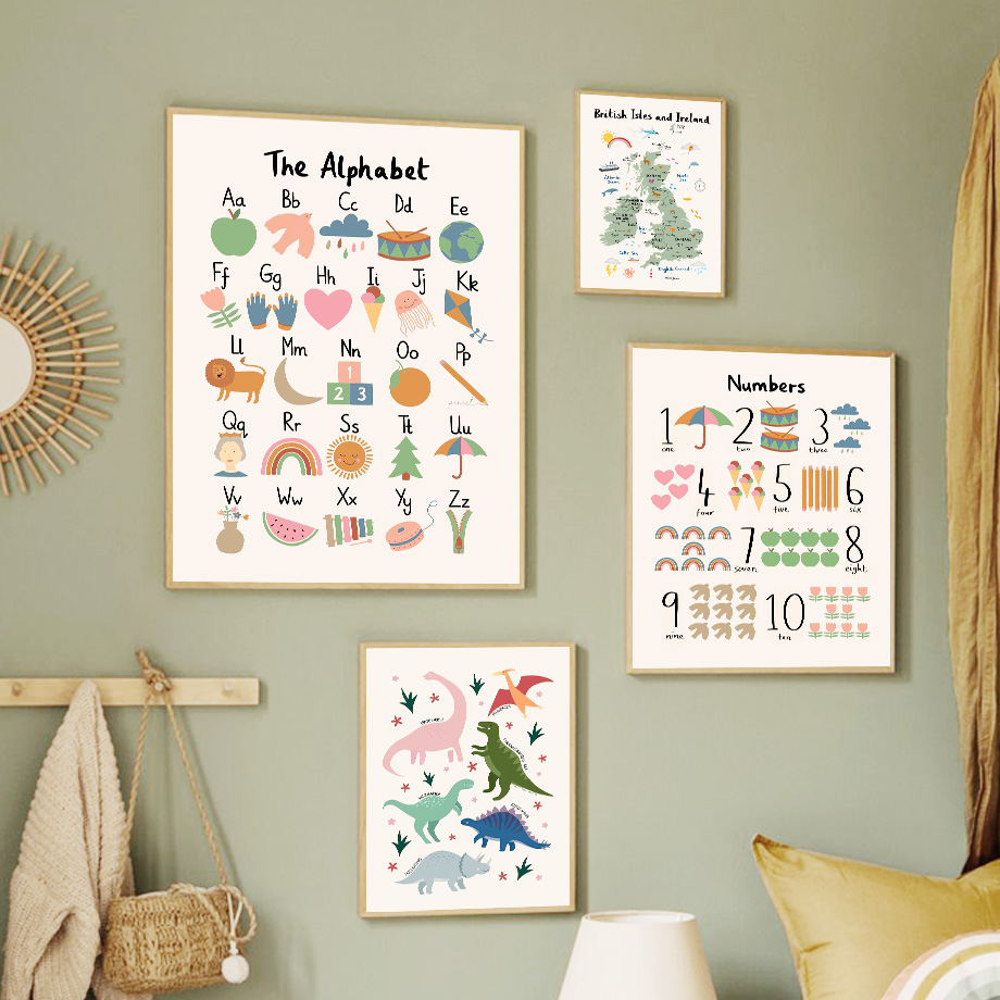 Baby Nursery Posters - Hayvan Dünya Haritası Dinozor Alfabe Numarası