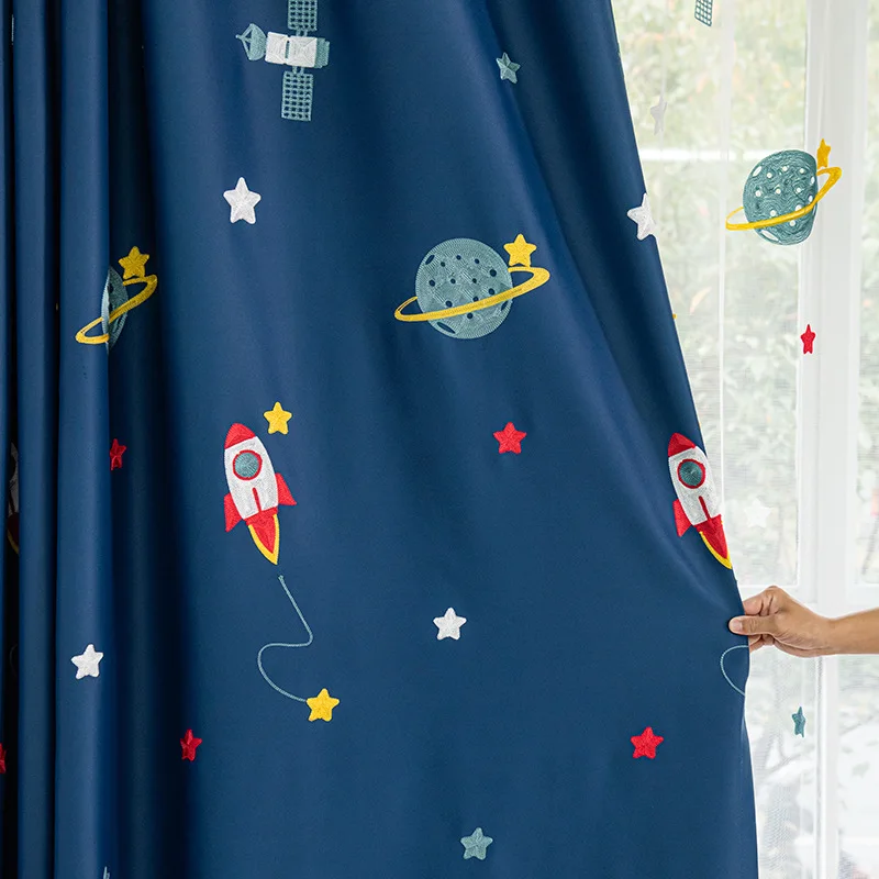 Baby Nursery Blackout Curtains - Lacivert karikatür roket uzay gemisi karartma