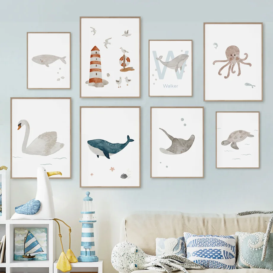 Baby Nursery Posters - Balina, Ahtapot, Kaplumbağa, Kuğu Deniz Hayvanı
