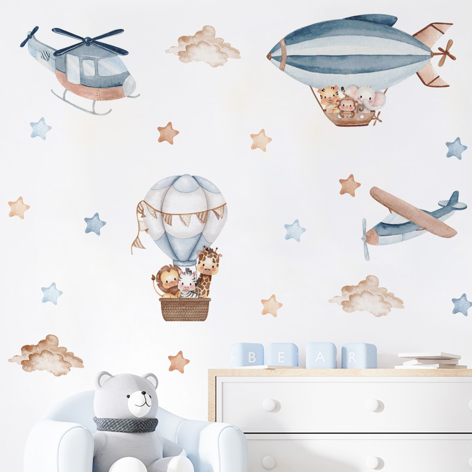 Baby Nursery Stickers - Suluboya Hayvanlar Sıcak Hava Balonu Bulutlar