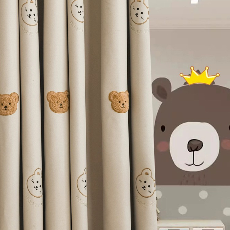 Baby Nursery Curtains - Kore Karikatür Kahverengi Peluş Ayı Işlemeli