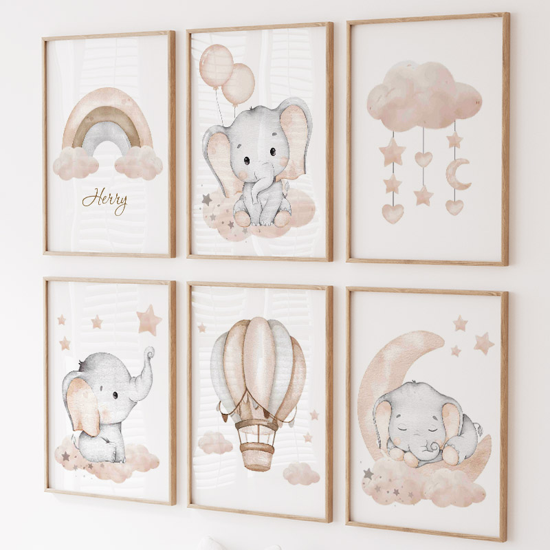 Baby Nursery Posters - Sevimli Fil Sıcak Balon Ay Gökkuşağı