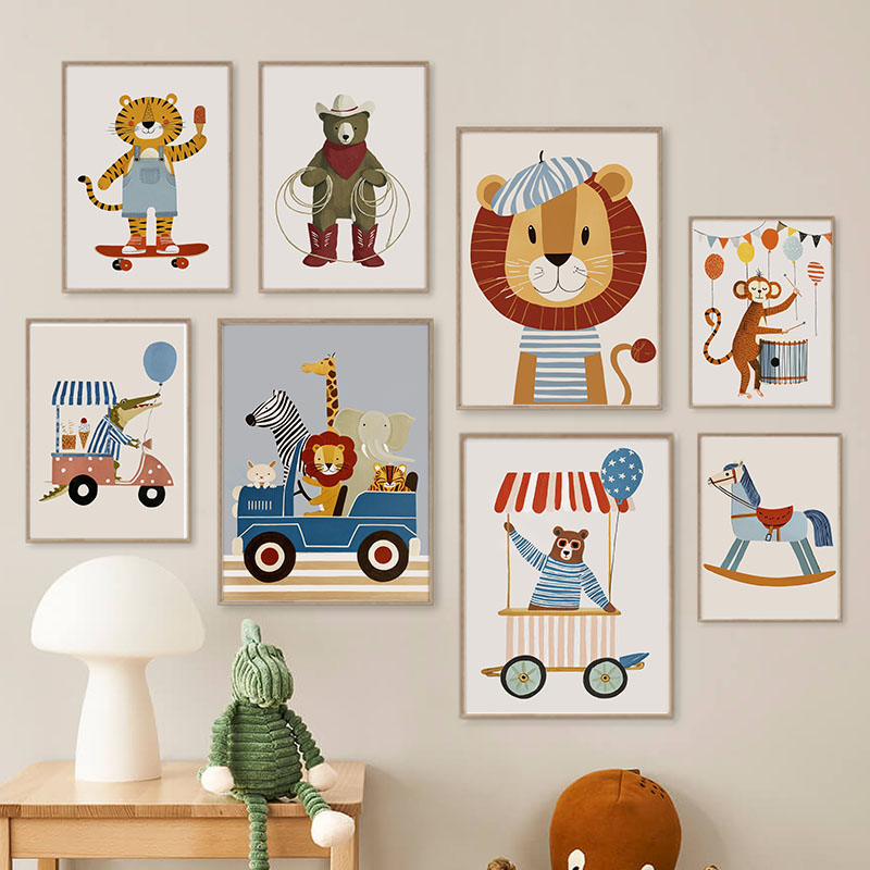 Baby Nursery Posters - Komik Karikatür Hayvan Araba Balon Kreş