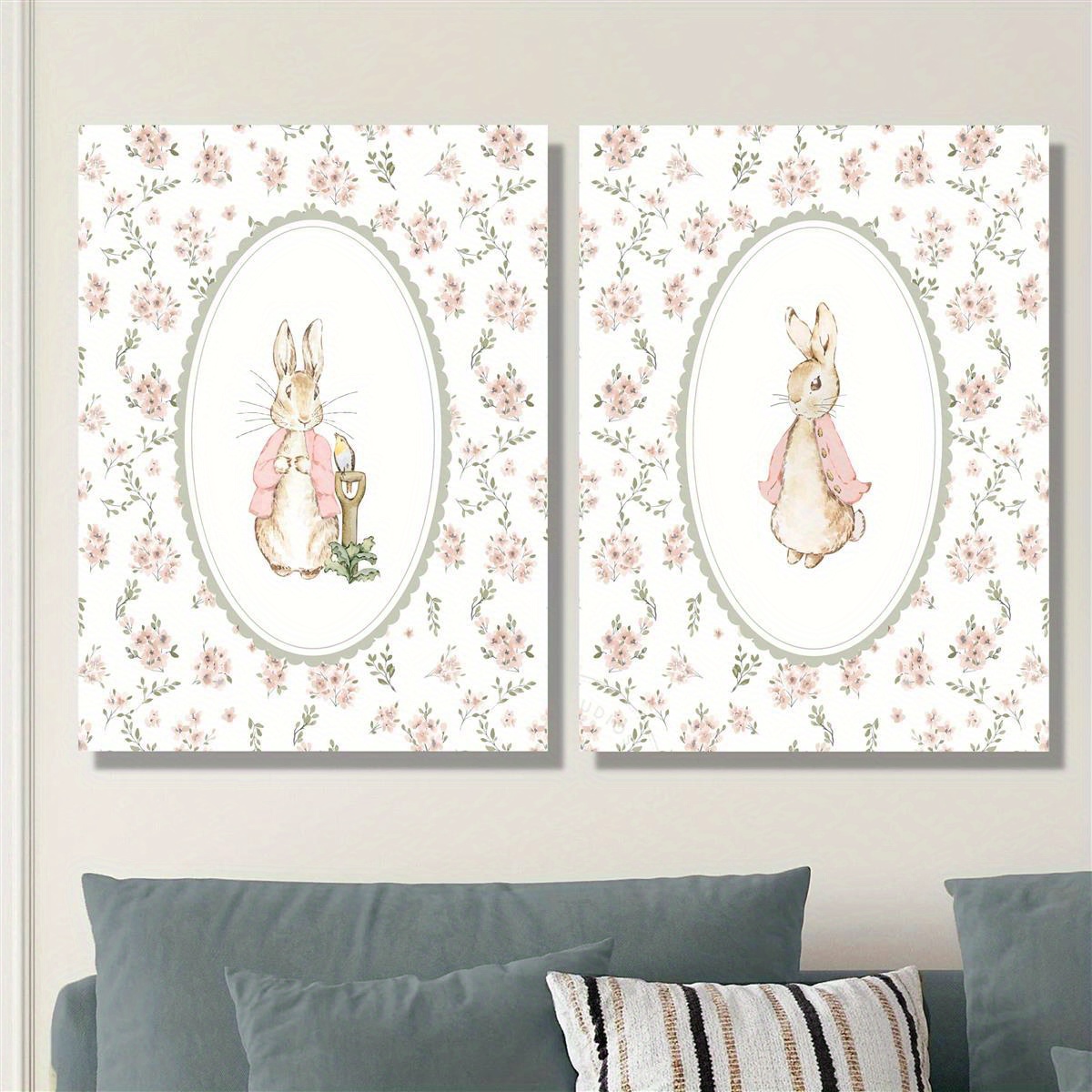 Baby Nursery Decor Girl - 2 adet Retro Paskalya Tavşanı Kanvas