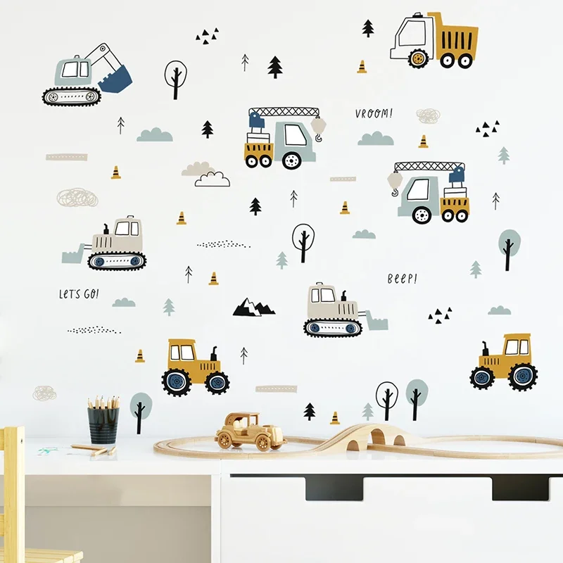 Baby Nursery Stickers - Elle Çizilmiş Sevimli Arabalar Kargo Kamyon