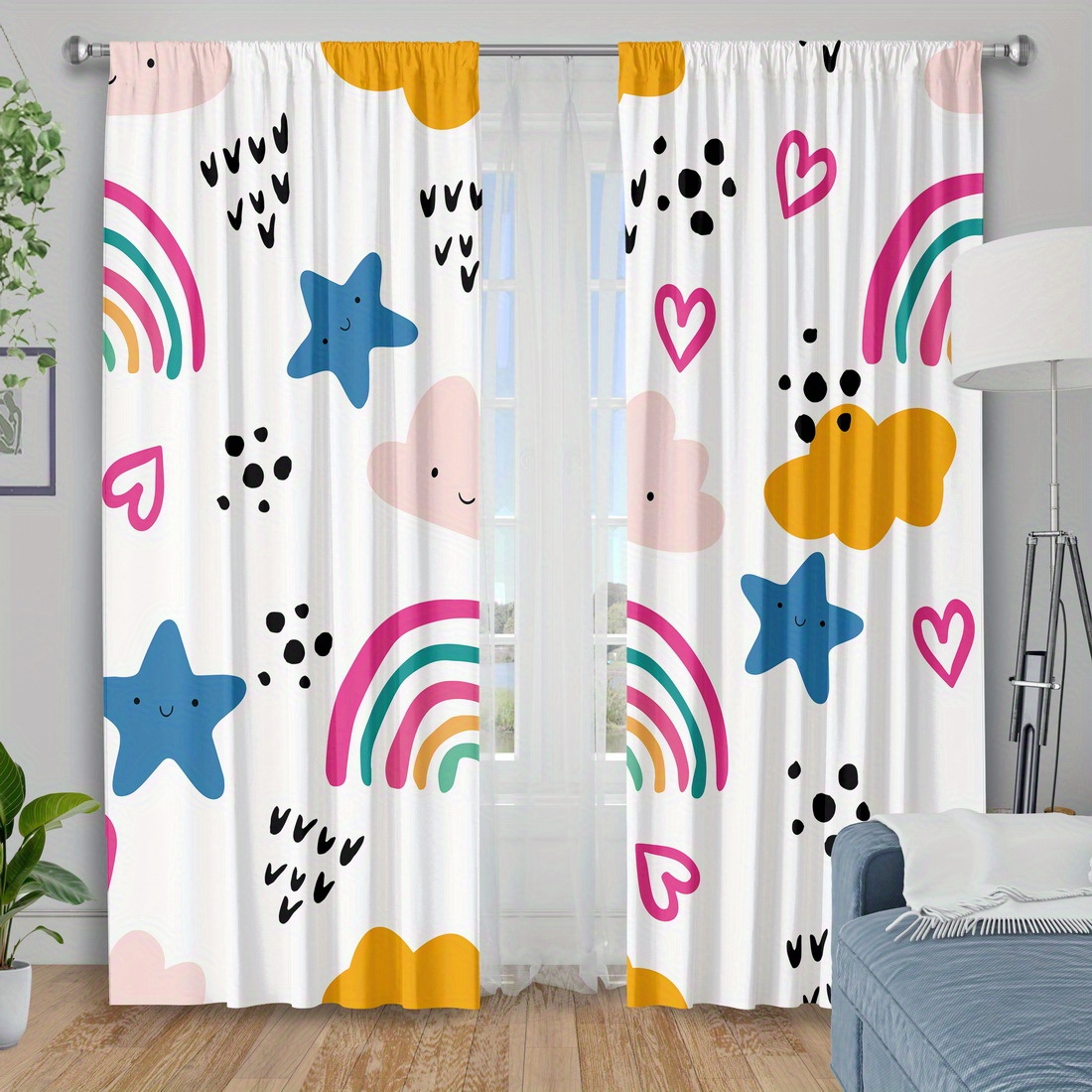 Baby Nursery Curtains - Sevimli Gökkuşağı Yıldız Kalpler Kreş Perdesi