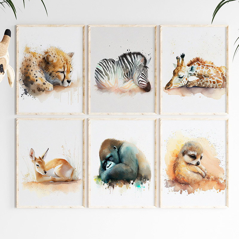 Baby Zebra Nursery - Suluboya Uyuyan Safari Hayvan Duvar sanat