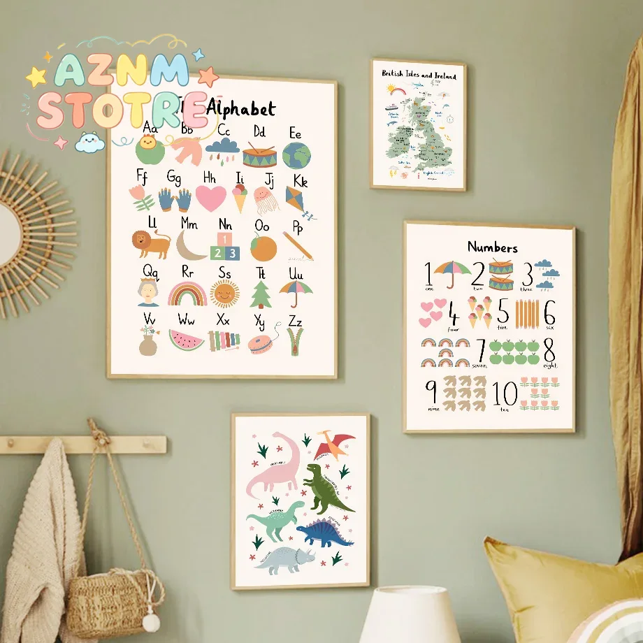 Baby Nursery Posters - Hayvanlar Dünya Haritası Dinozor Alfabe Sayı
