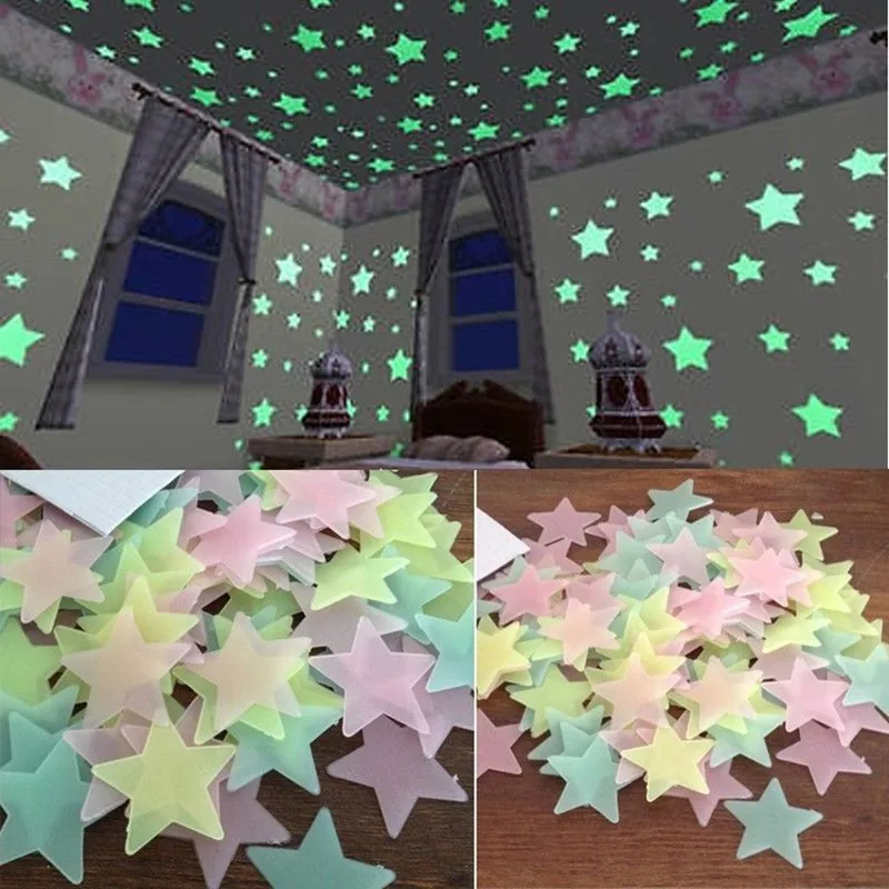 Baby Nursery Stickers - 100 adet Floresan Karanlıkta Parlayan Yıldızlar