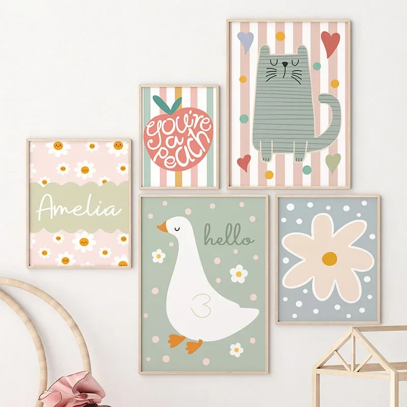 Karikatür Kedi Ördek Kuş Elma  - Baby Nursery Posters incelemesi ve fiyatı